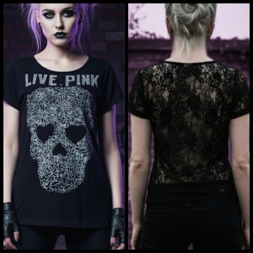 Vtg VS pink blk grey skull live pink graphic studded lace back tshirt XL rare